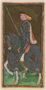 Svärdets riddare, faksimil av ett tarotkort från "Visconti"-kortleken, 1441-47